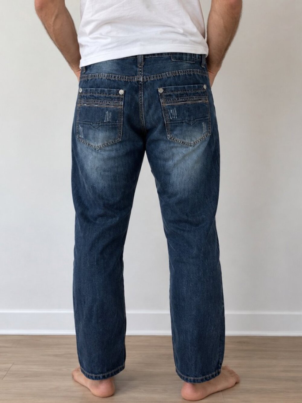 blue rag distressed dark wash straight leg jeans 38x30 y2k grunge streetwear